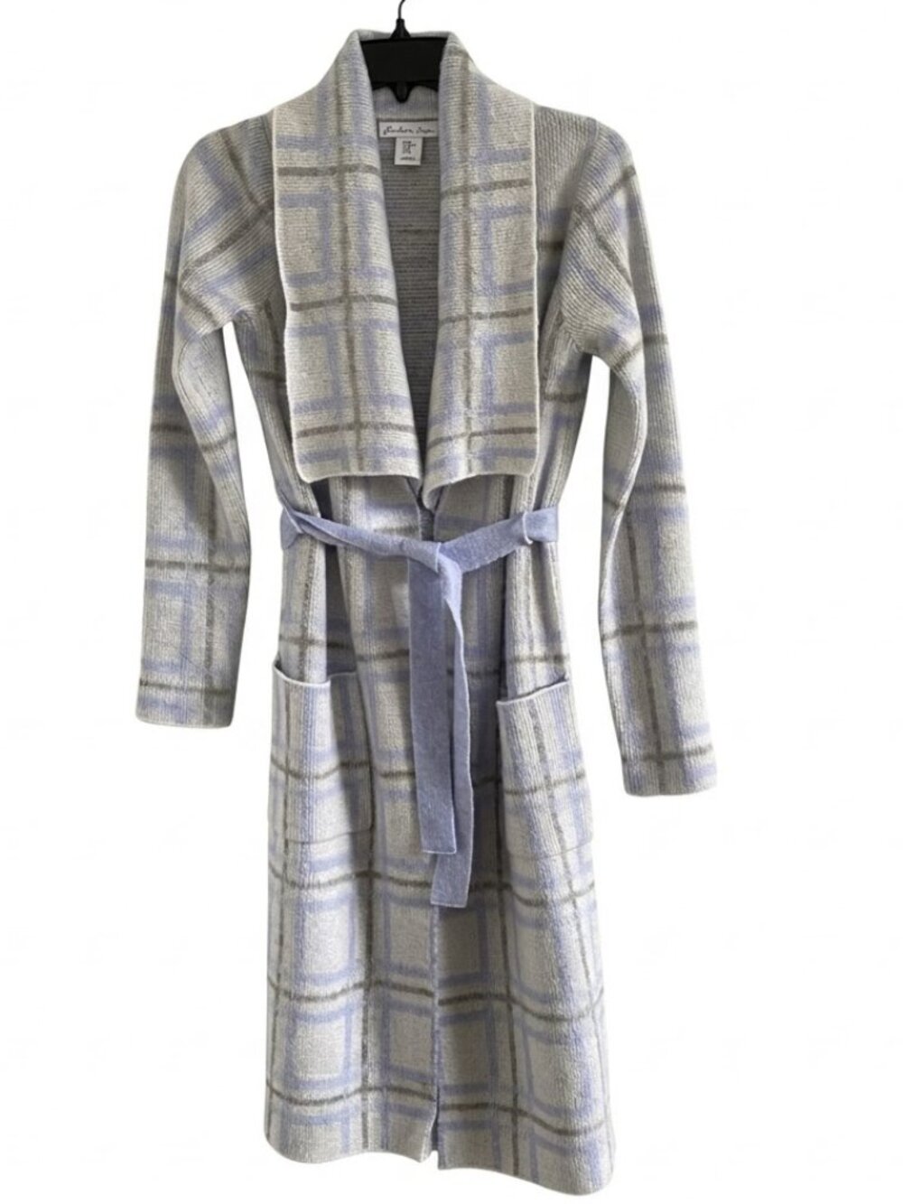 London Kaye Long Plaid Belted Cozy Cardigan Blue Grey XS